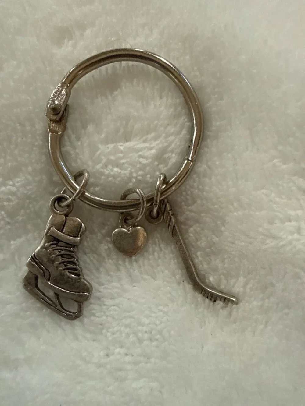 Hockey Ice Skate Charm Keychain With Heart & Stick Accents - Silver Tone - Sport